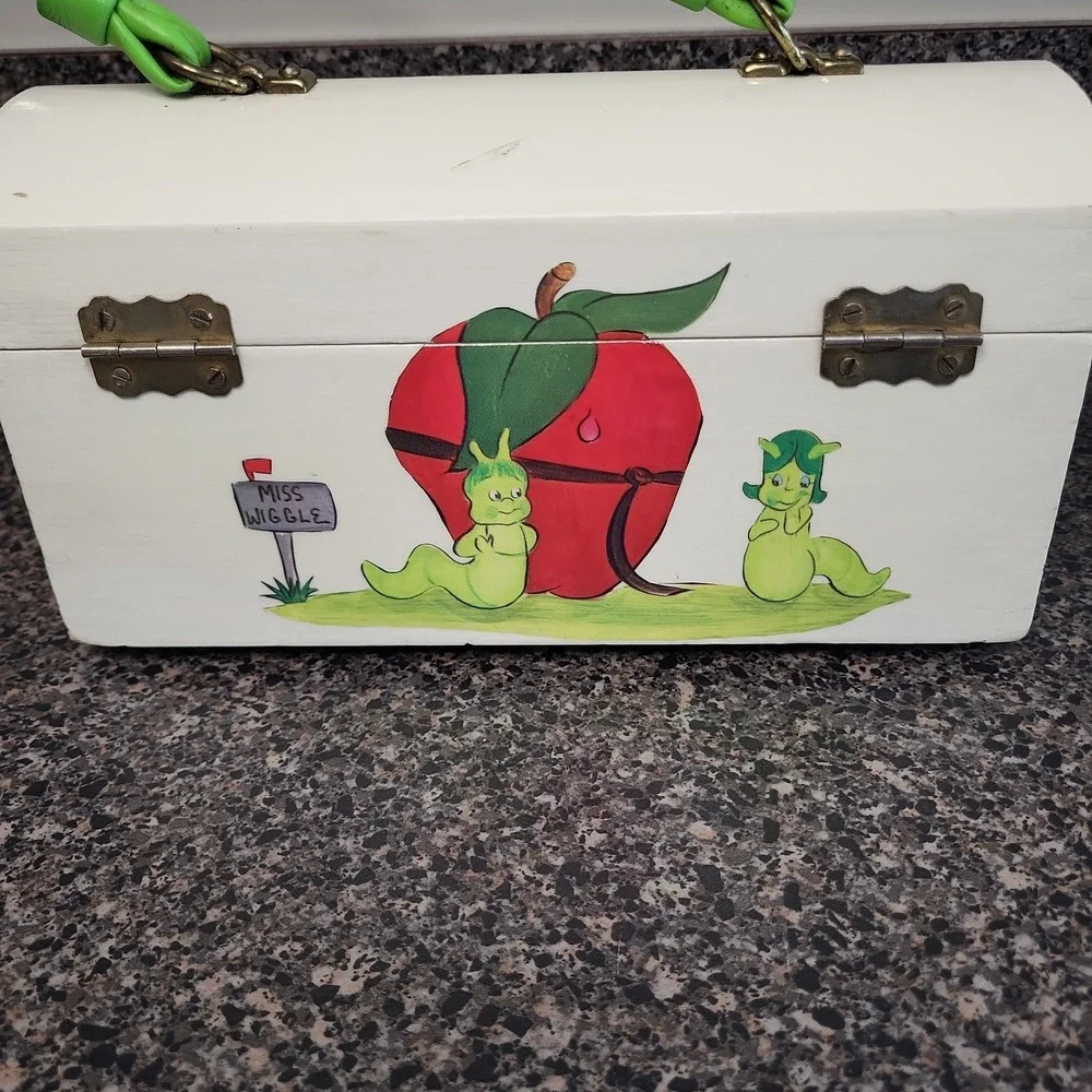VINTAGE Hand Painted Wooden Purse Box Whimsical Caterpillar Apple Folk Art